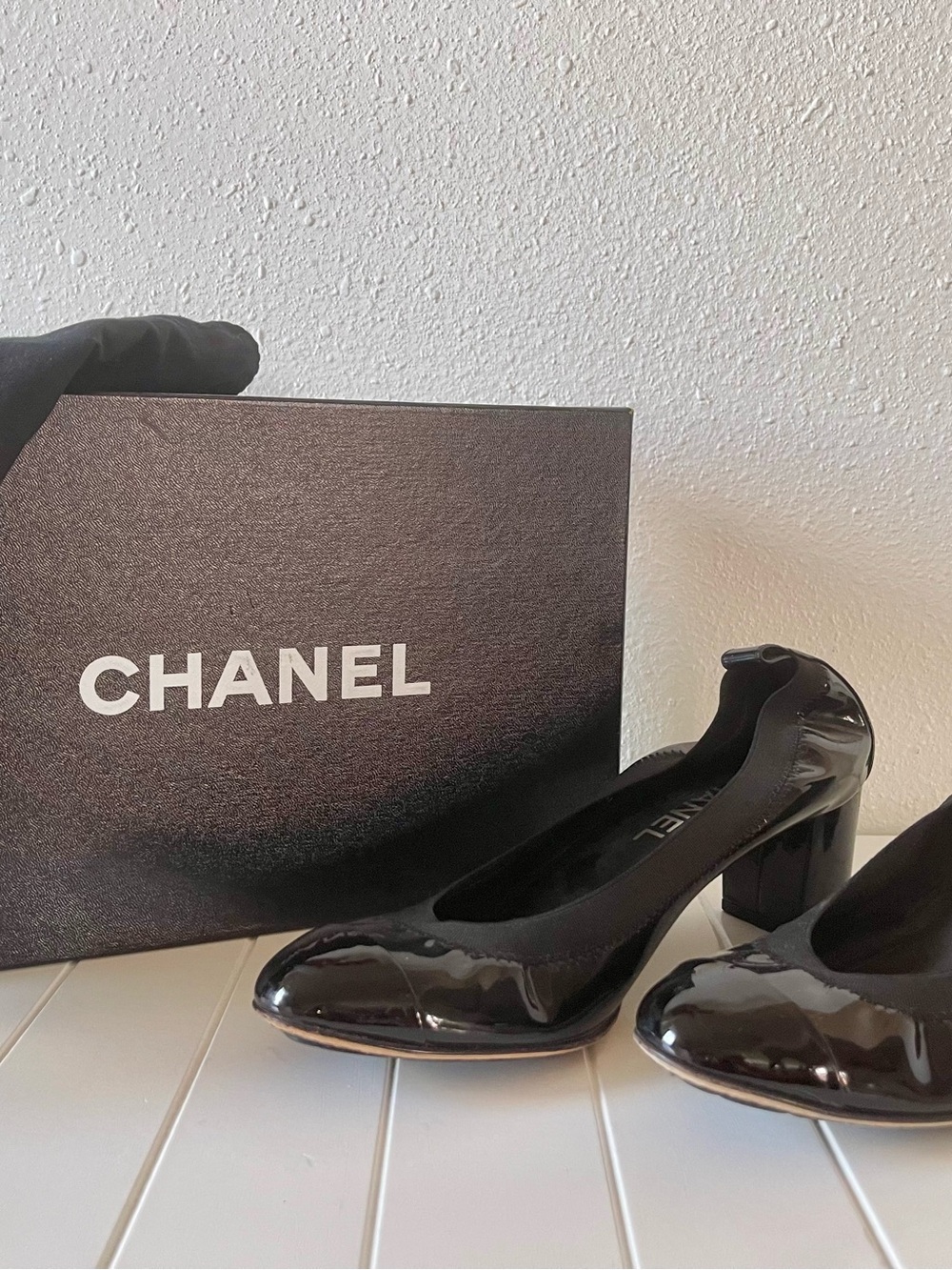 CHANEL Black Patent Leather Block Heel Pumps